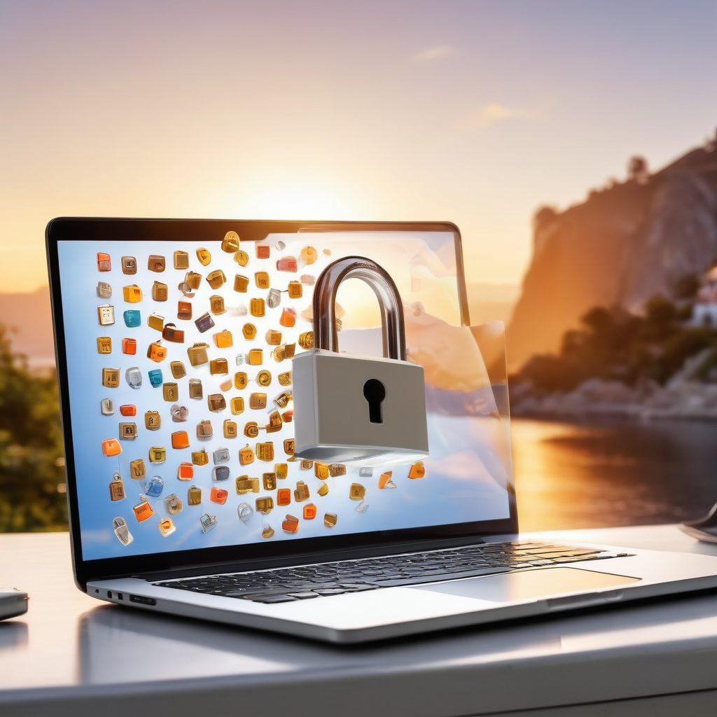 An open padlock symbolizing unlocking potential, surrounded by floating digital icons like a pen, a light bulb, and a laptop, representing blogging and content creation. In the background, a scenic outdoor view with a bright sunrise, symbolizing new beginnings. Warm and inviting color palette to evoke inspiration. super-realistic. vibrant colors. white background.