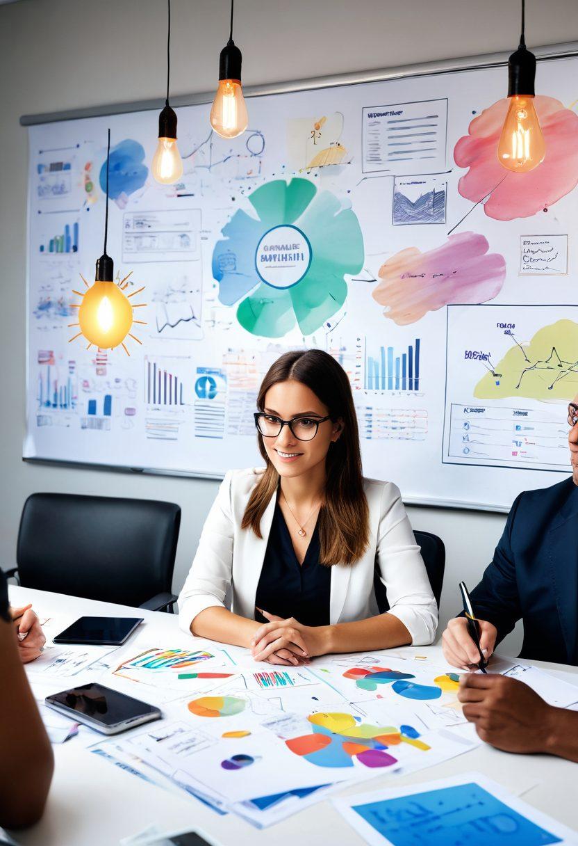 A dynamic scene of a person sitting at a desk, surrounded by vibrant brainstorming visuals, including lightbulbs and charts floating around them, symbolizing creativity and growth. The background features a diverse group of professionals engaged in discussion, representing teamwork and consulting. Bright colors and modern design elements to convey an inspiring atmosphere. super-realistic. vibrant colors. white background.