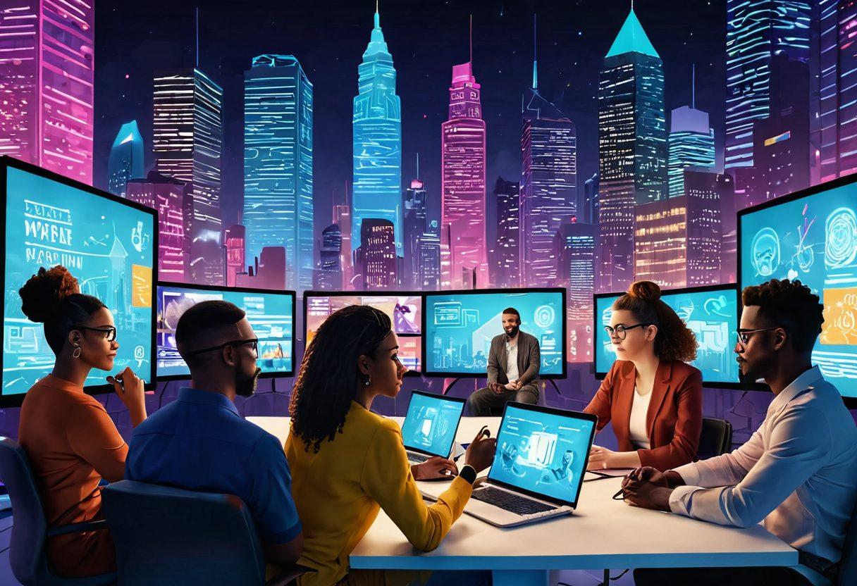 A diverse group of content creators, representing different aspects of digital media, engaged in brainstorming sessions. In the background, a futuristic cityscape made of digital screens displaying various content types like video, blog posts, and podcasts. The atmosphere should be vibrant and dynamic, showcasing a harmonious blend of creativity and technology. Emphasize collaboration and innovation. colorful illustration. high detail. modern style.